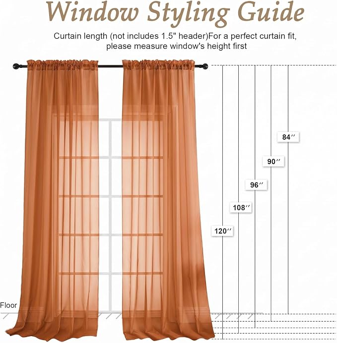 Orange Sheer Curtains 120 Inches Long 2 Panels Set, 59 Inch Extra Wide Soft - Image 2