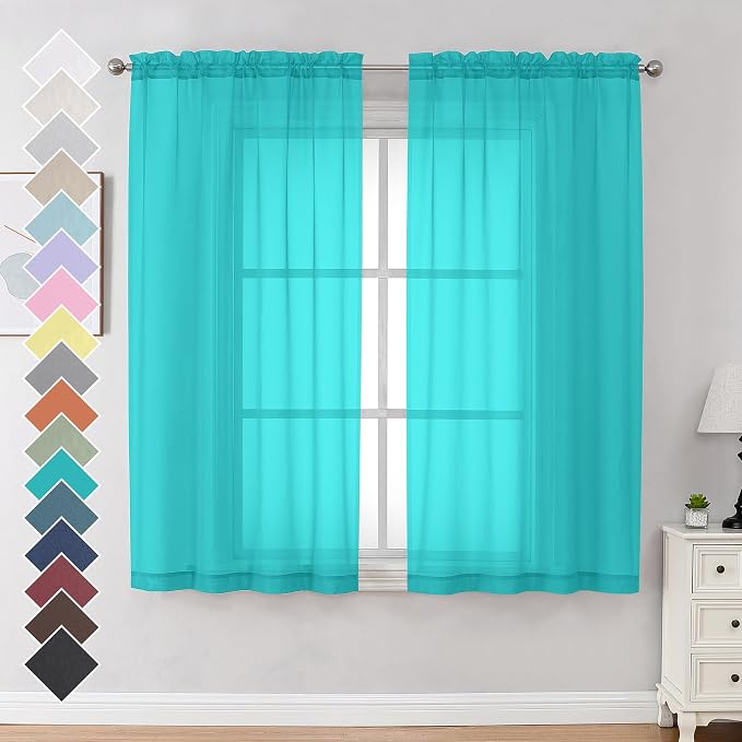 OVZME Turquoise Sheer Curtains 63 Inches Length 2 Panels, Light Filtering by OVZME