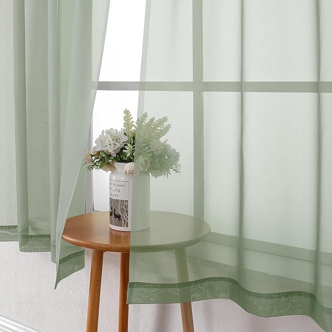 Lecloud Sage Green Sheer Curtains 63 Inch Long 2 Panels, Elegant Voile Drapes - Image 6