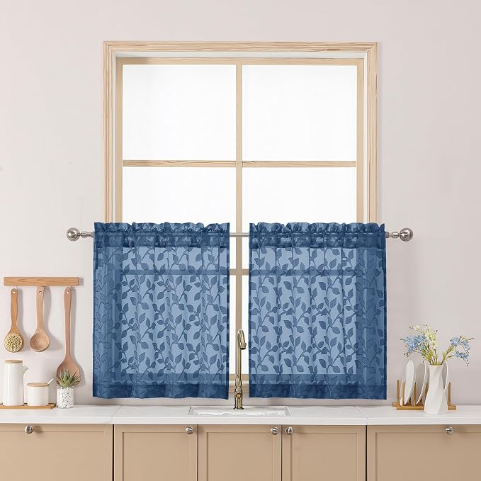 Chyhomenyc Dusty Blue Sheer Curtains 24 Inch Length, Light Filtering Leaf by Chyhomenyc