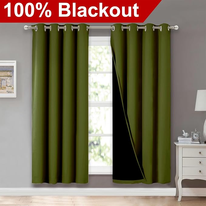 NICETOWN 100% Blackout Window Curtain Panels, Olive Green, 2 Pieces, 52-inch - Image 2