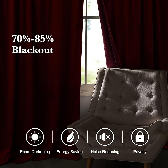 RYB HOME Burgundy Red Velvet Curtains - Image 7