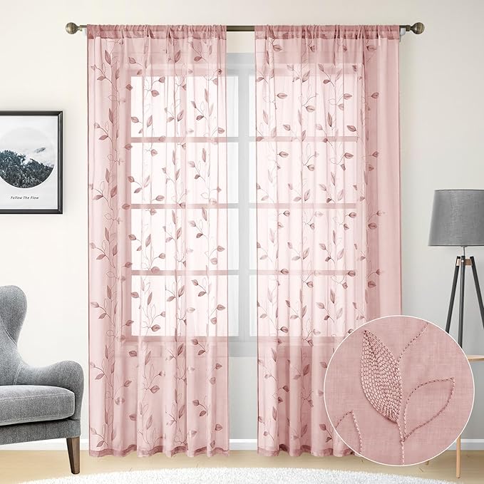 HOMEIDEAS Blush Pink Floral Sheer Curtains 96 Inches Long 2 Panels Embroidered by HOMEIDEAS
