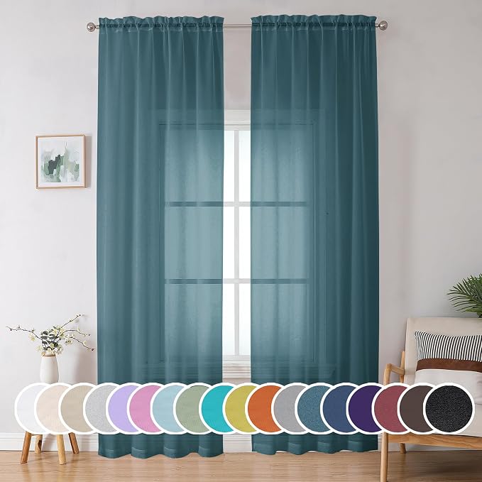 OWENIE Dusty Blue Sheer Curtains 90 Inches Long 2 Panels Set by OWENIE