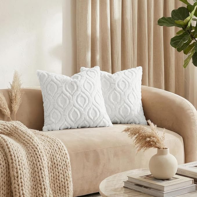 decorUhome Throw Pillow Covers 16x16 Inch Set of 2, Soft Plush Faux Wool White - Image 3
