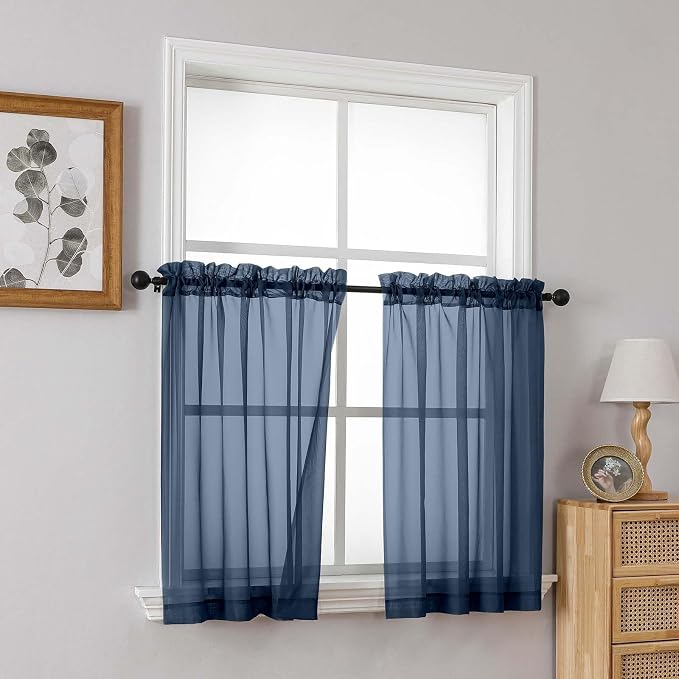 Navy Blue Small Sheer Curtains 2 Panels Set, Kitchen Curtains 36 Inch Length - Image 8