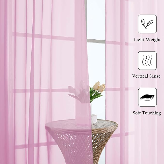 Lecloud Light Pink Sheer Curtains 120 Inches Long 2 Pcs, Solid Voile Light - Image 2