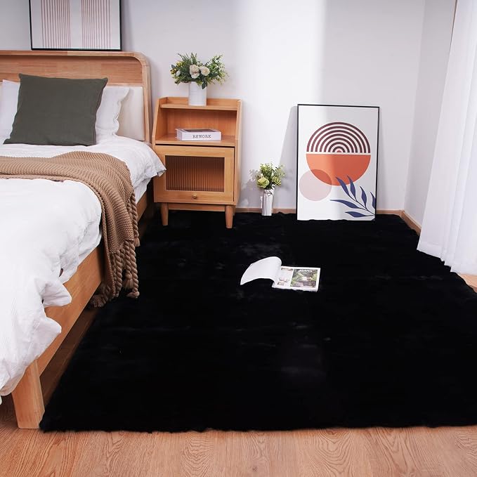 Ghouse Black Faux Rabbit Fur Rug 5x7 Machine Washable Area Rugs by Ghouse