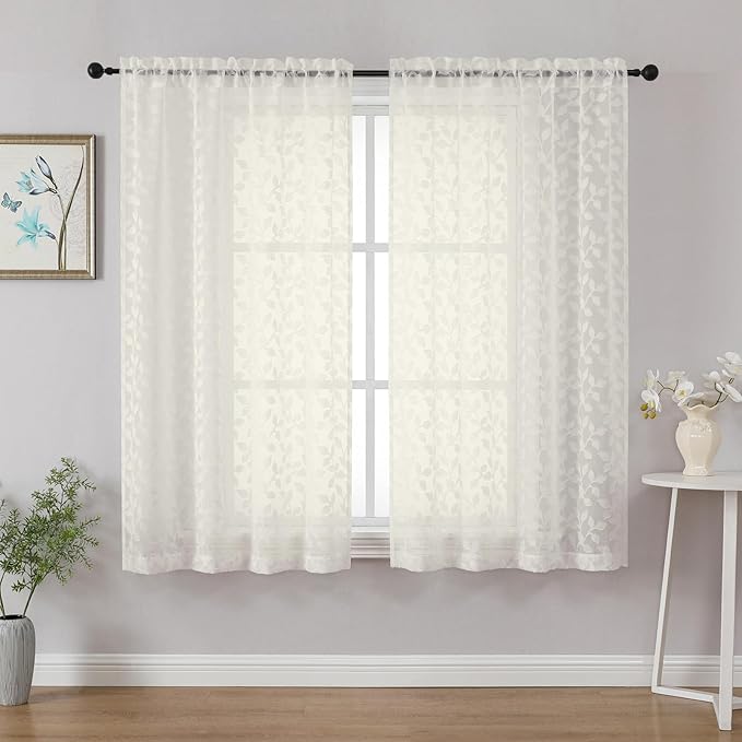 Chyhomenyc Ivory Short Curtains 45 Inch Length 2 Panels, Light Filtering Leaf by Chyhomenyc
