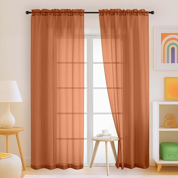 Orange Sheer Curtains 84 Inches Long 2 Panels, Elegant Airy Transparent Light by Home