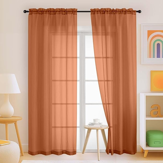 Orange Sheer Curtains 90 Inches Long 2 Panels, Light Filtering Solid Sheer by Home