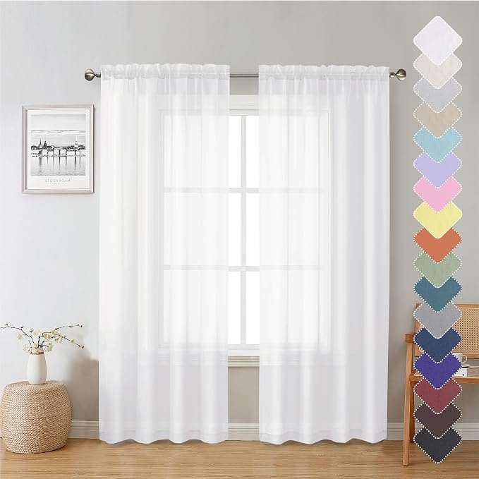 Lecloud White Sheer Curtains 72 Inches Long 2 Panels, Light Filtering Voile by Lecloud