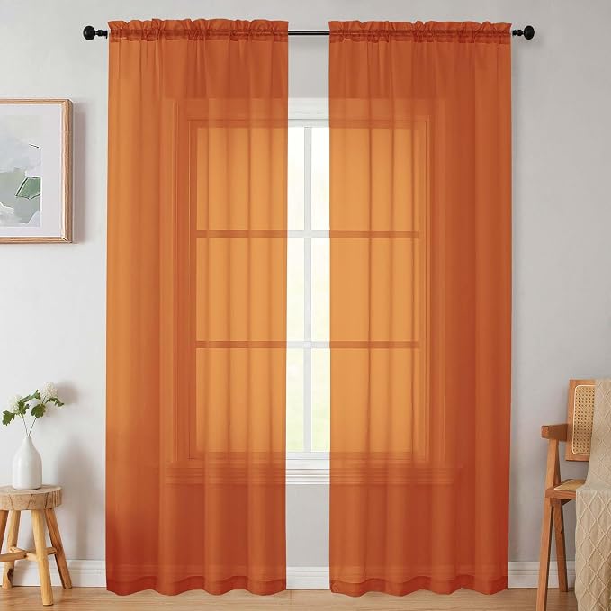 Sheer Orange Curtains for Bedroom Living Room 90 Inches Long 2 Panels Set by WelvetBLK