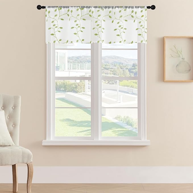 MRTREES Sheer Curtain Valance Rod Pocket, 2 Panels Leaves Embroidered Christmas by MRTREES