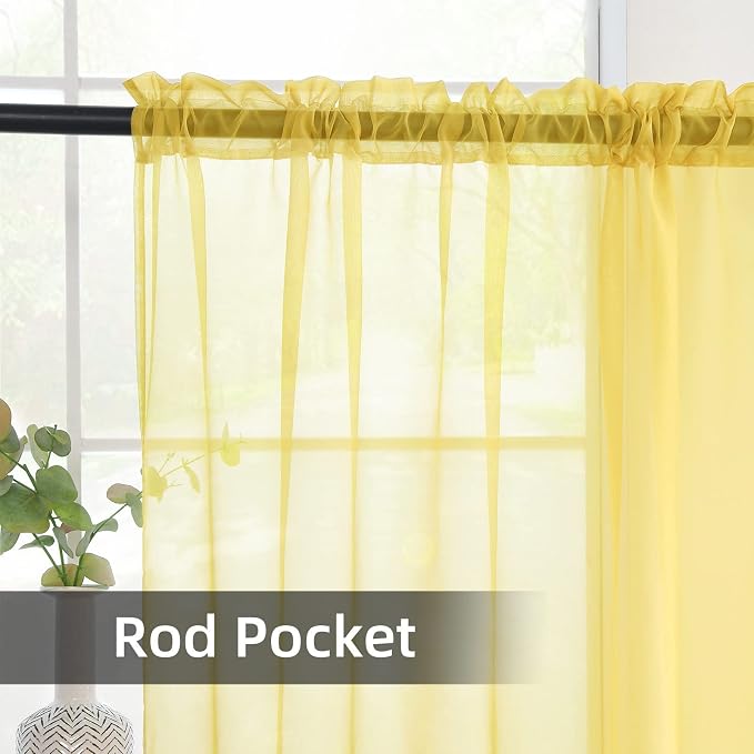youleyar Solid Sheer Rod Pocket Curtain Voile Draperies 2 Panels White Beige - Image 3