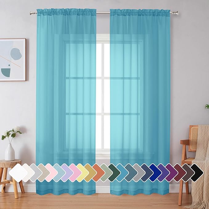 Simplebrand Turquoise Sheer Curtains 84 Inches Long 2 Panels, Light Filtering by Simplebrand