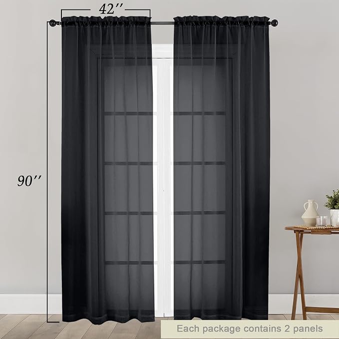 Sheer Black Curtains for Bedroom Living Room 90 Inches Long 2 Panels Set - Image 2