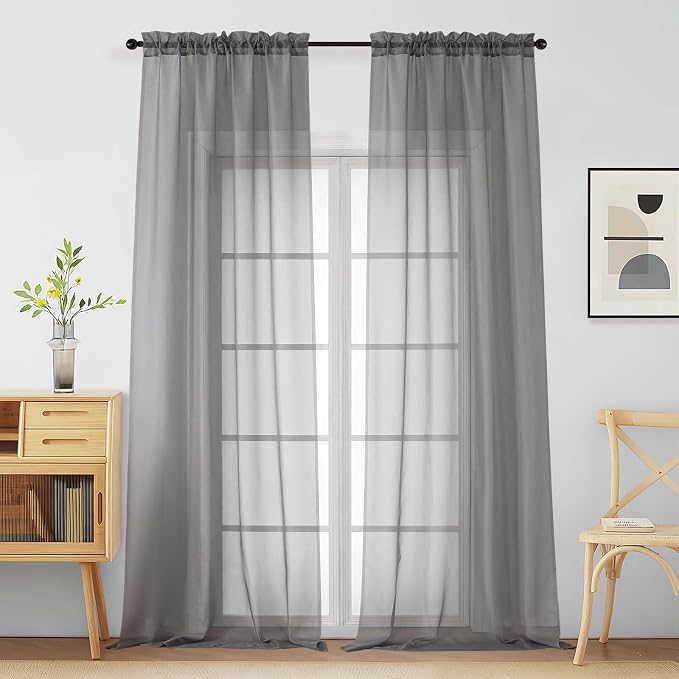 Grey Sheer Curtains for Window 96 Inches Long 2 Panels, Light Filtering Voile by Home