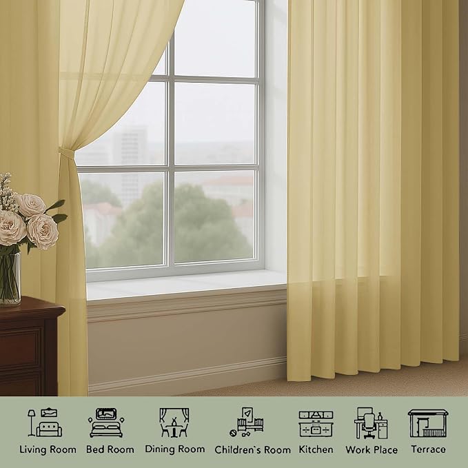 OWENIE Sheer Curtains 84 Inches Long 2 Panels Set, Sheer Gold Curtains - Image 7