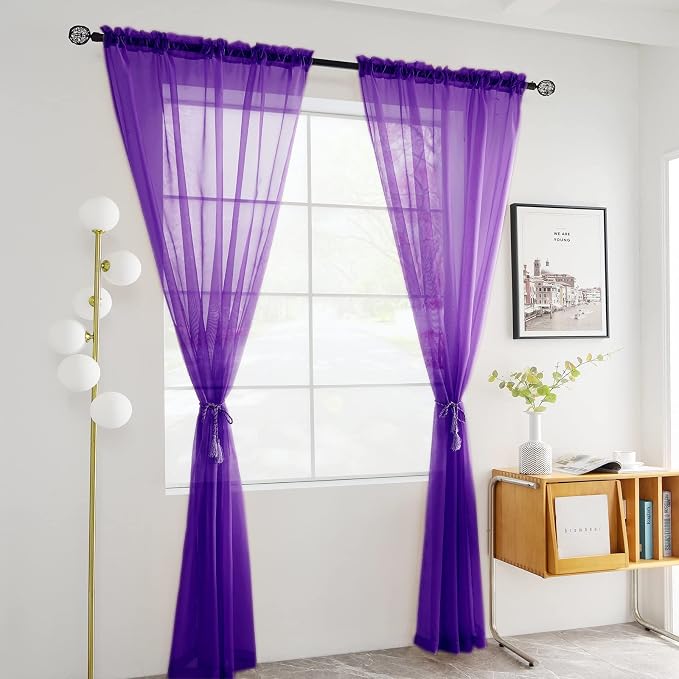 youleyar Solid Sheer Rod Pocket Curtain Voile Draperies 2 Panels White Beige - Image 2