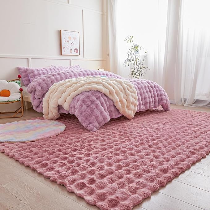 Pink Rabbit Plush Rug 8'x10', Fluffy Faux Fur Shaggy Area Rug - Image 4