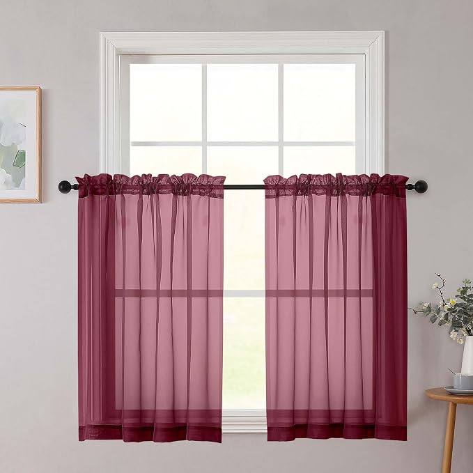 Cafe Curtains 36 Inch Length Tier 2 Pieces, Modern Soft Airy Sheer Kitchen by WelvetBLK