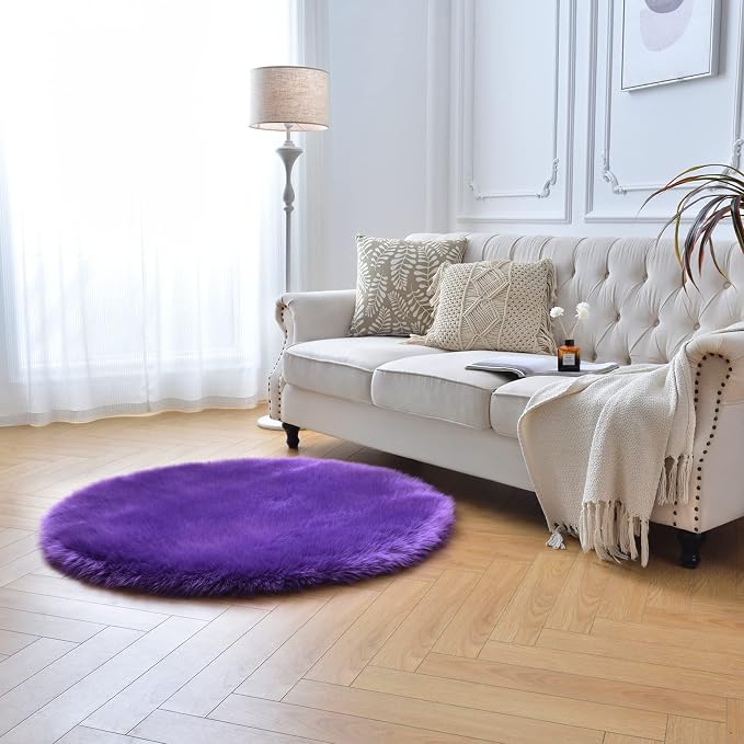 duduta Purple Faux Sheepskin Round Rug 4x4 ft, Fluffy Shag Fur Bedroom Nursery - Image 7