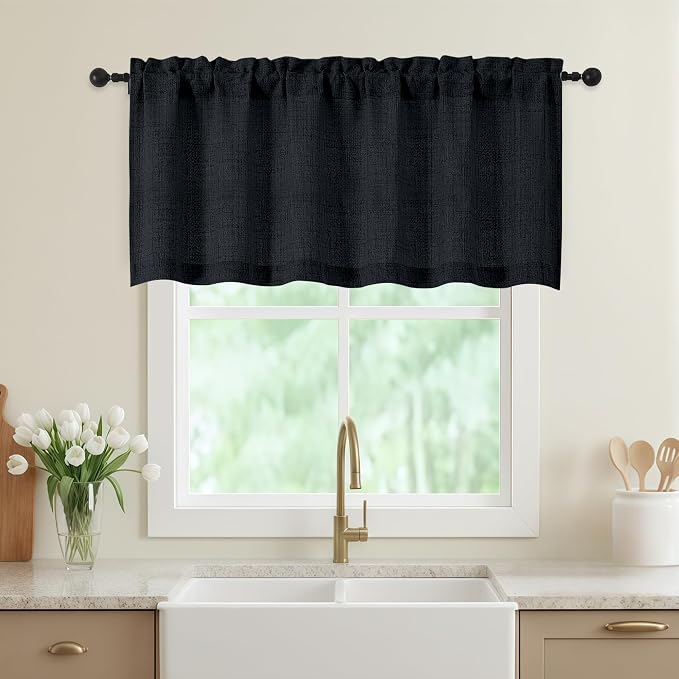 Black Valances for Windows, Light Filtering Faux Linen Textured Small Short by WelvetBLK