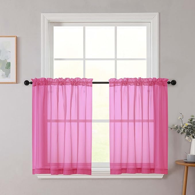 Hot Pink Kitchen Curtains 30 Inch Length Tier 2 PCS, Solid Soft Airy Half by WelvetBLK