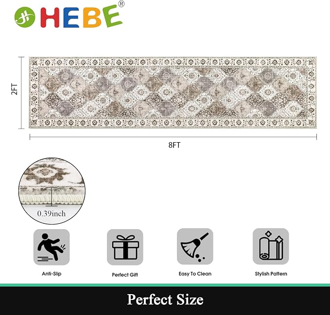 HEBE Hallway Runner Rug 2'x8' Washable Vintage Distressed Area Rugs Non Slip - Image 2