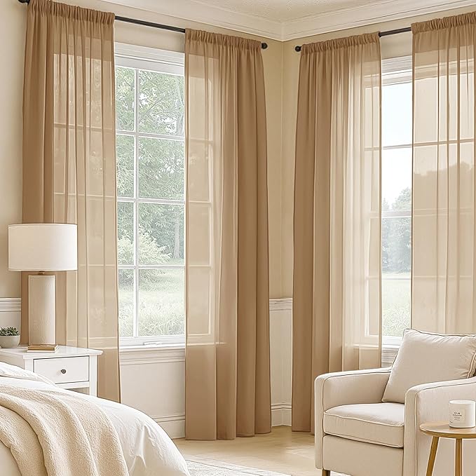 MIULEE Brown Sheer Curtains 102 Inches Long, 4 Panels Set, Light Filtering Rod - Image 2