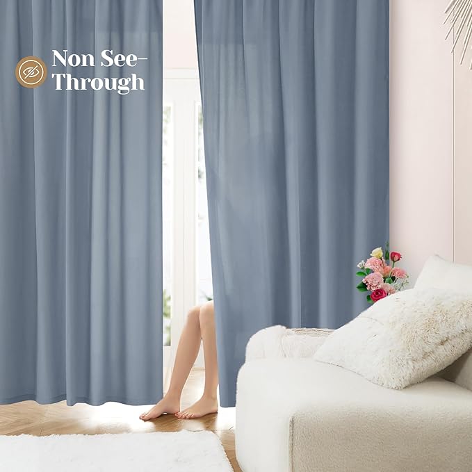 HOMEIDEAS Non-See-Through Stone Blue Privacy Sheer Curtains, 52 X 54 Inches - Image 2