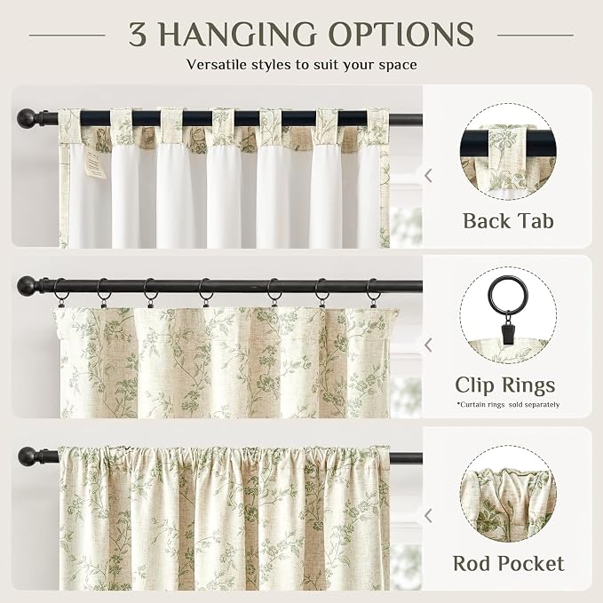Blackout Vintage Floral Linen Curtains Green on Beige 50×90 2 Panels | Elisa - Image 8