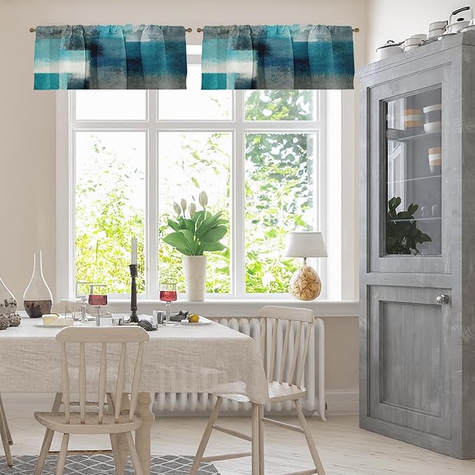 Emvency 4 Pack Valances Window Treatments, Turquoise Abstract Modern Art - Image 2