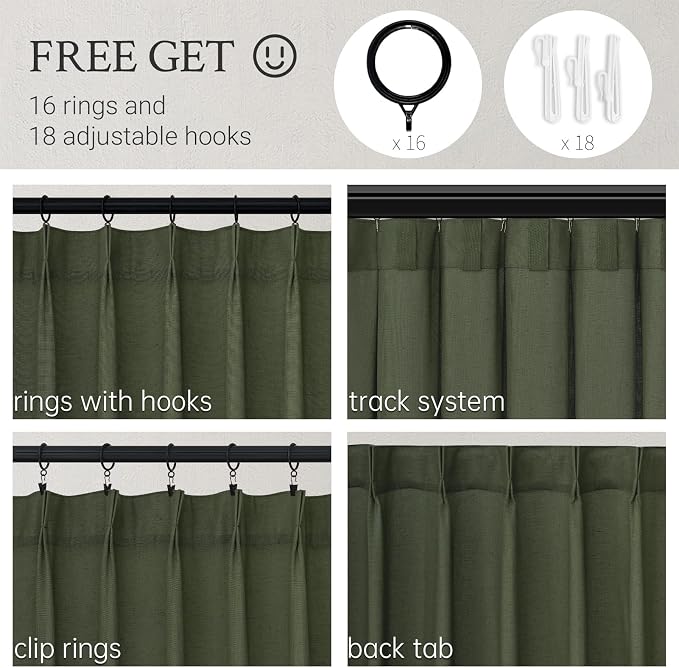 Topfinel Olive Green Pinch Pleated Linen Curtains 84 Inch Length 1 Panels - Image 2