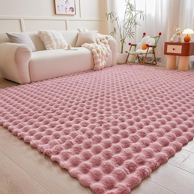 Pink Rabbit Plush Rug 8'x10', Fluffy Faux Fur Shaggy Area Rug - Image 2