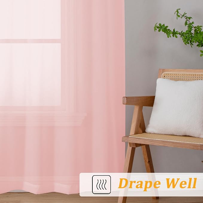 Gwine Blush Pink Sheer Curtains 96 Inches Long 2 Panels, Elegant Window - Image 6