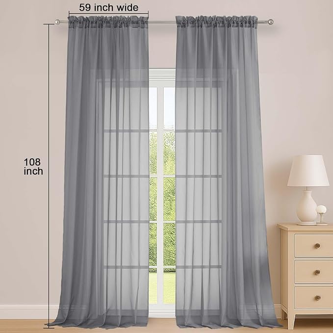 OWENIE Sheer Grey Curtains 108 Inches Long - Image 2