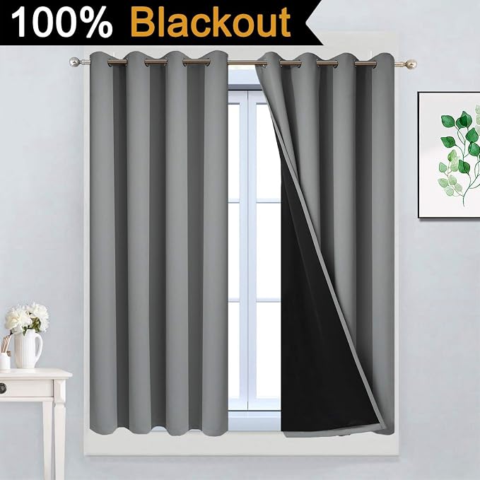 Yakamok Gray 100% Blackout Curtains 45 Inches Long, Full Light Blocking Thermal - Image 2