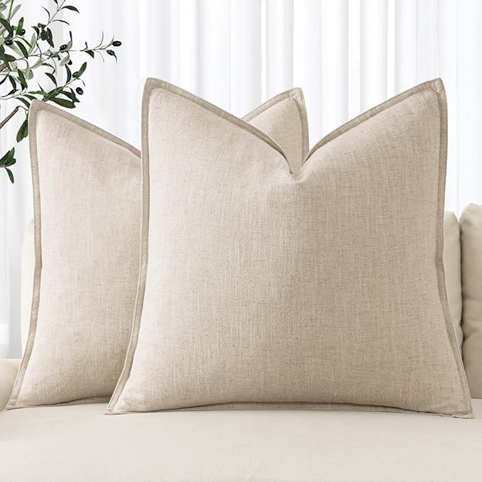 MIULEE Decorative Linen Pillow Covers 16x16 Inch Natural Beige Boho Farmhouse by MIULEE