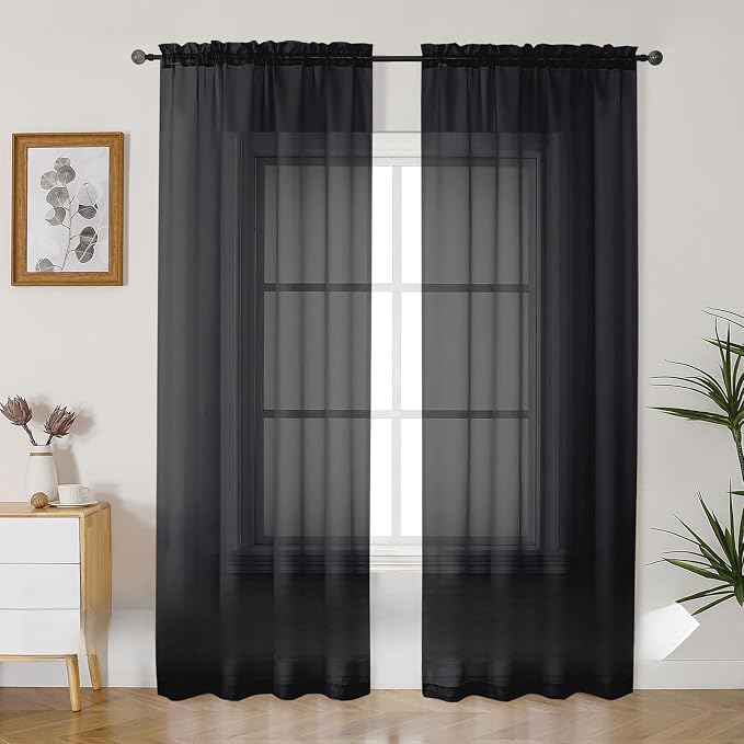 Gwine Black Sheer Curtains 90 Inches Long 2 Panels Set, Light Filtering Solid by Gwine
