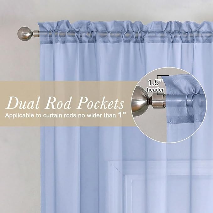 Lecloud Denim Blue Sheer Curtains 90 Inches Long 2 Panels, Voile Rod Pocket - Image 5
