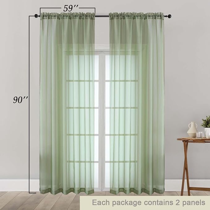 Sheer Green Curtains for Bedroom Living Room 90 Inches Long 2 Panels Set - Image 5