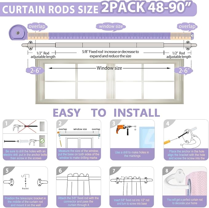 TVWOO 2 Pack Wrap Around Curtain Rods, 5/8 Inch Adjustable Blackout Curtain Rod - Image 3