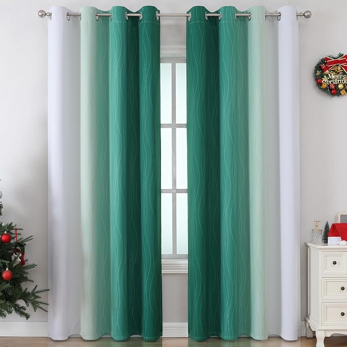 Estelar Textiler Green and Greyish White Gradient Blackout Curtains - Image 2