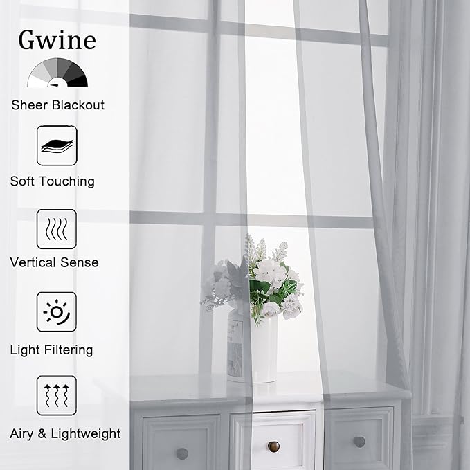 Gwine Light Grey Sheer Curtains 72 Inches Long 2 Panels Set - Image 2