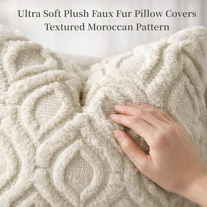 decorUhome Throw Pillow Covers 12x20 Inch Set of 2, Soft Plush Faux Wool Beige - Image 2