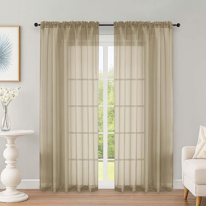 OWENIE Taupe Sheer Curtains 72 Inches Long 2 Panels Set, Transparent Voile by OWENIE