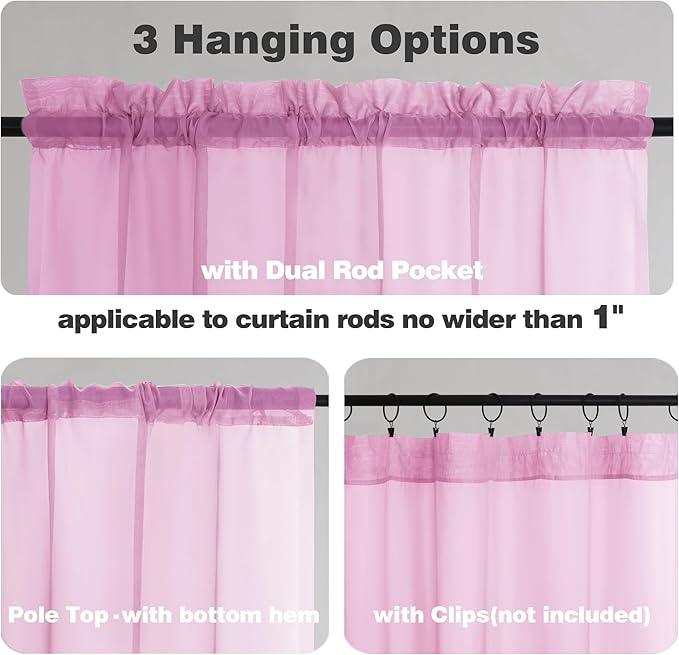 Chyhomenyc Pink Sheer Valances for Window 2 Pack, 42Wx14L Inches Small Sheer - Image 3
