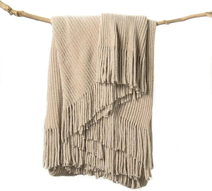 lifein Throw Blanket for Couch, Soft Boho Decor Bed Throw, Cozy Beige Knitted by lifein